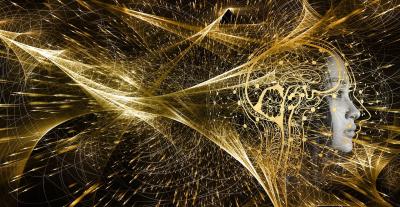 Artists rendition of a brain and neuron activity in a gold color.